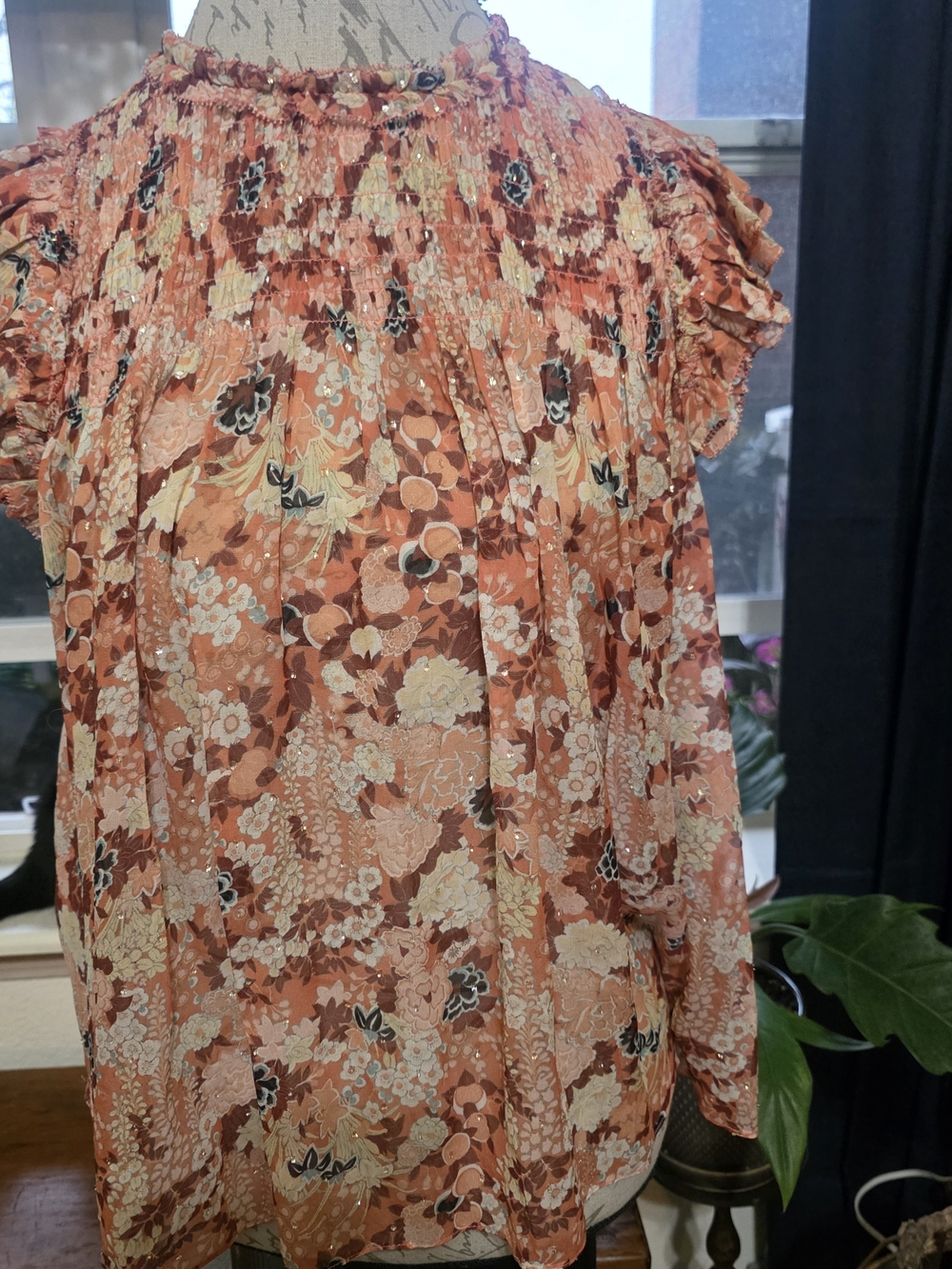 Ulla Johnson Rust Floral Smocked Short Sleeve Flowy Blouse